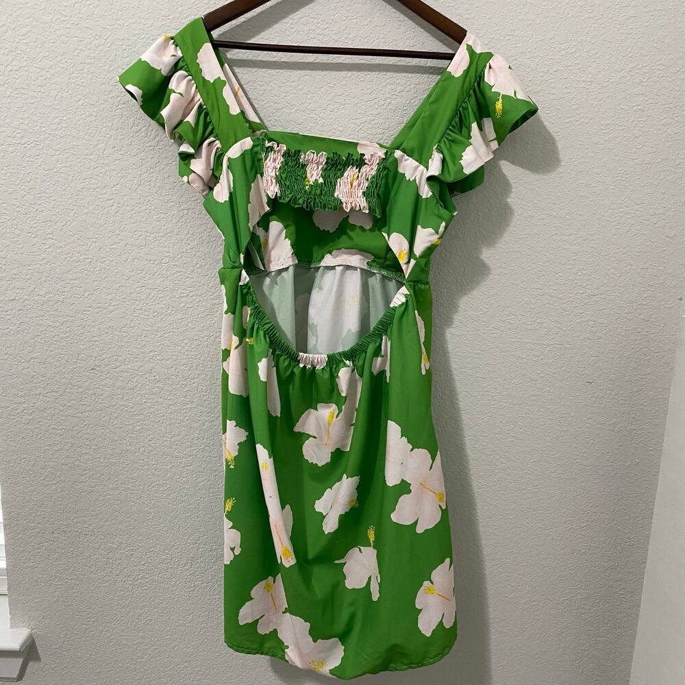 The Lulo Project Dress Green Hibiscus Floral Ruffles Dress Size L Smocked Back * - Picture 3 of 10